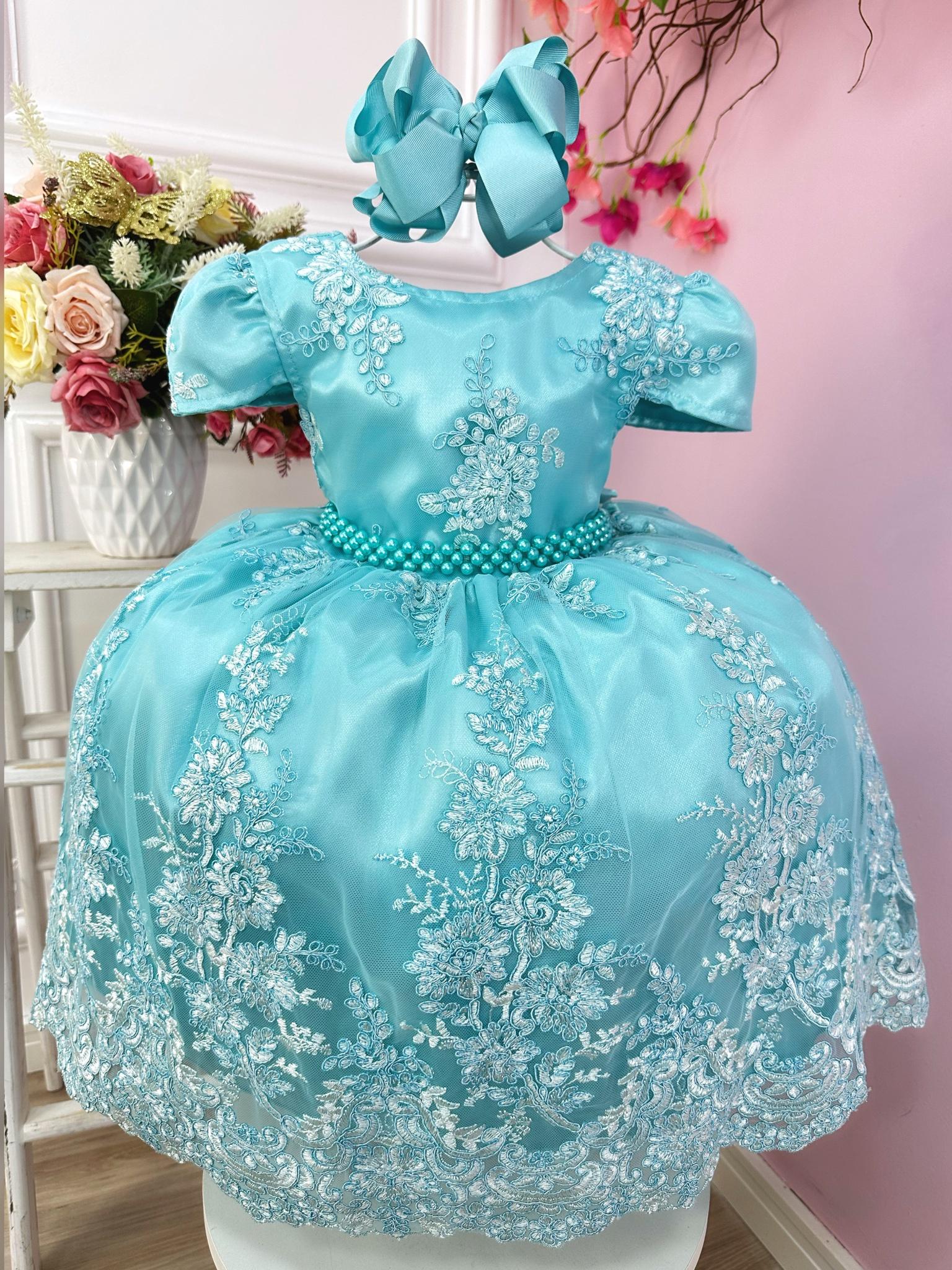 Vestido Infantil Verde Tiffany Com Renda Realeza e Pérolas