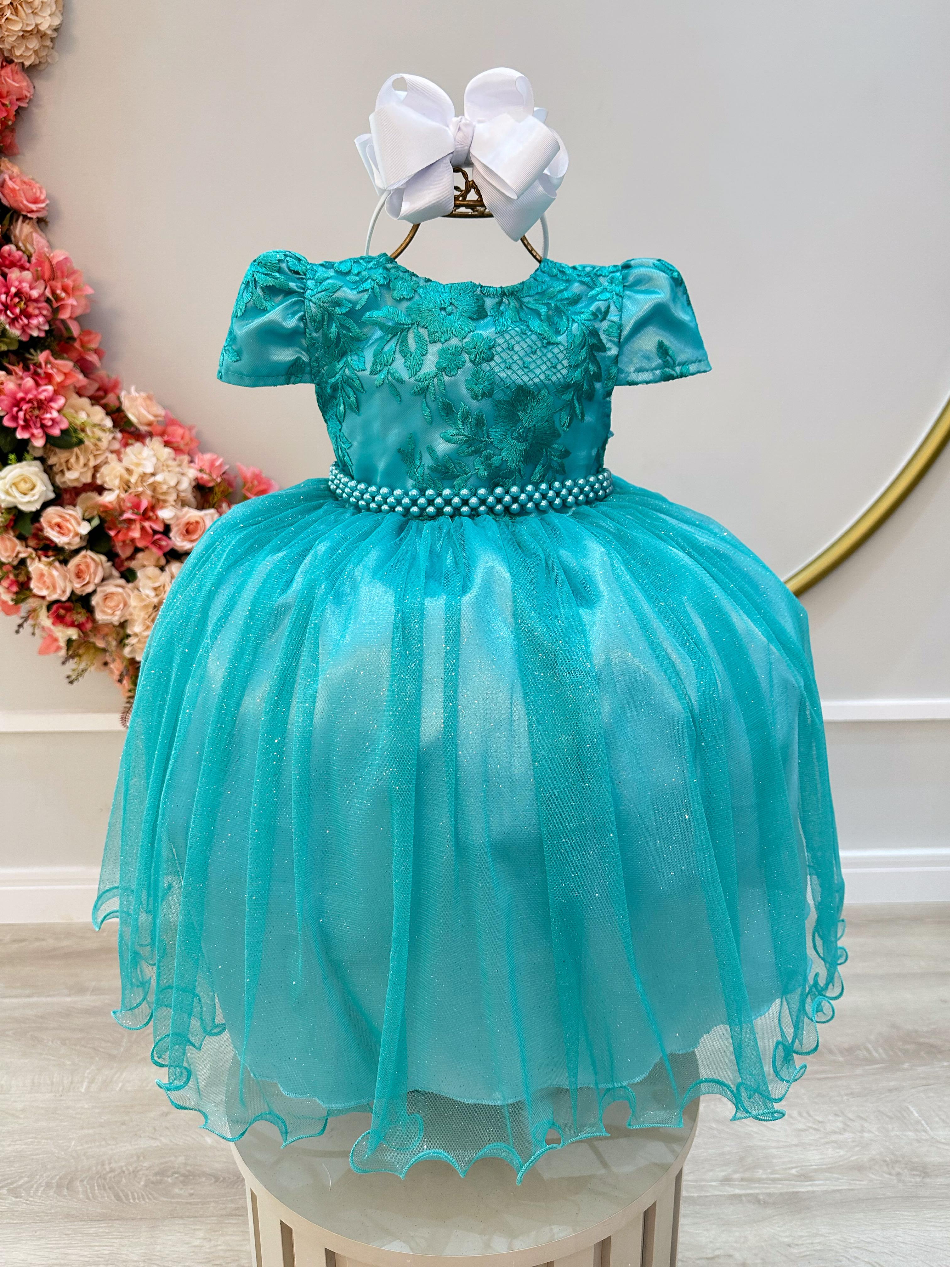 Vestido Infantil Verde Tule C/ Renda Casamento Luxo