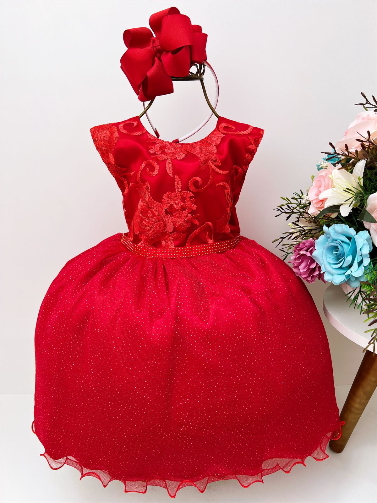 Vestido Infantil Vermelho Com Renda Busto Cinto Strass Luxo