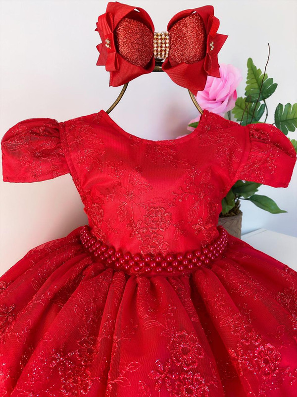 Vestido Infantil Vermelho Realeza Renda Luxo Festa Princesa - Rosa