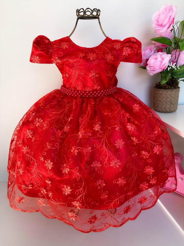 Vestido Infantil Vermelho Realeza Rendado Luxo Promocional
