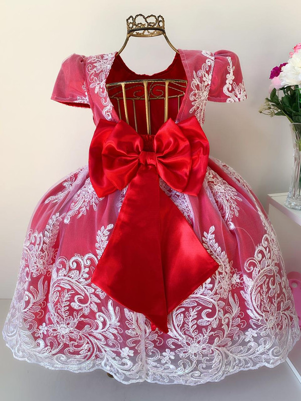 Vestido Infantil Vermelho Renda Realeza e Pérolas - Fabuloso Ateliê