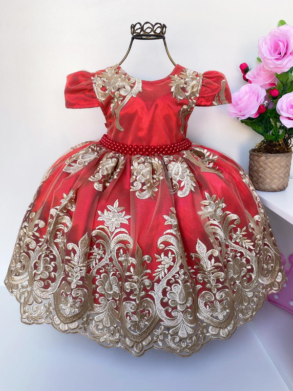 Vestido Infantil Vermelho Renda Dourada Realeza Cinto Pérola
