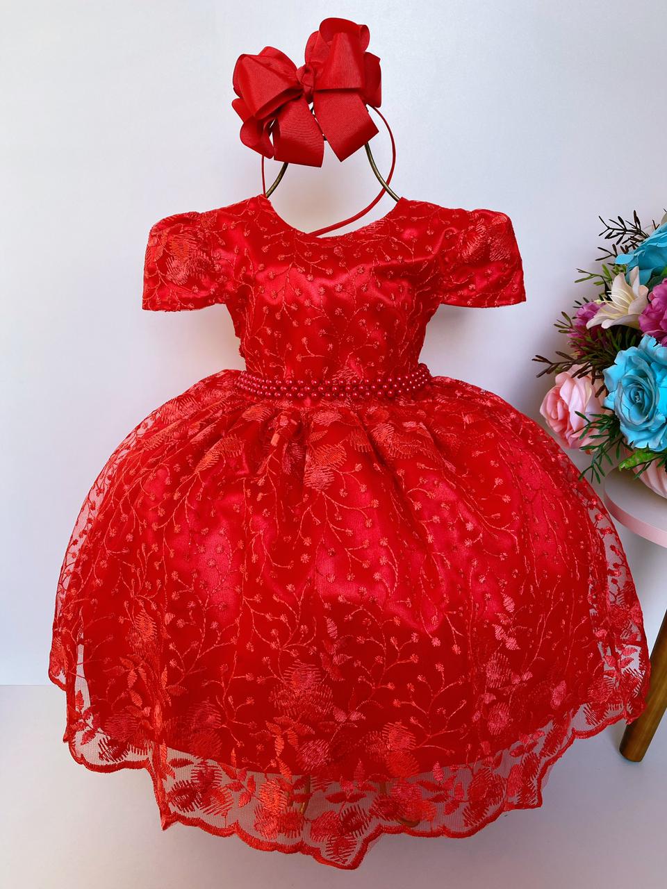 Vestido Infantil Vermelho Rendado Luxo Realeza Pérolas