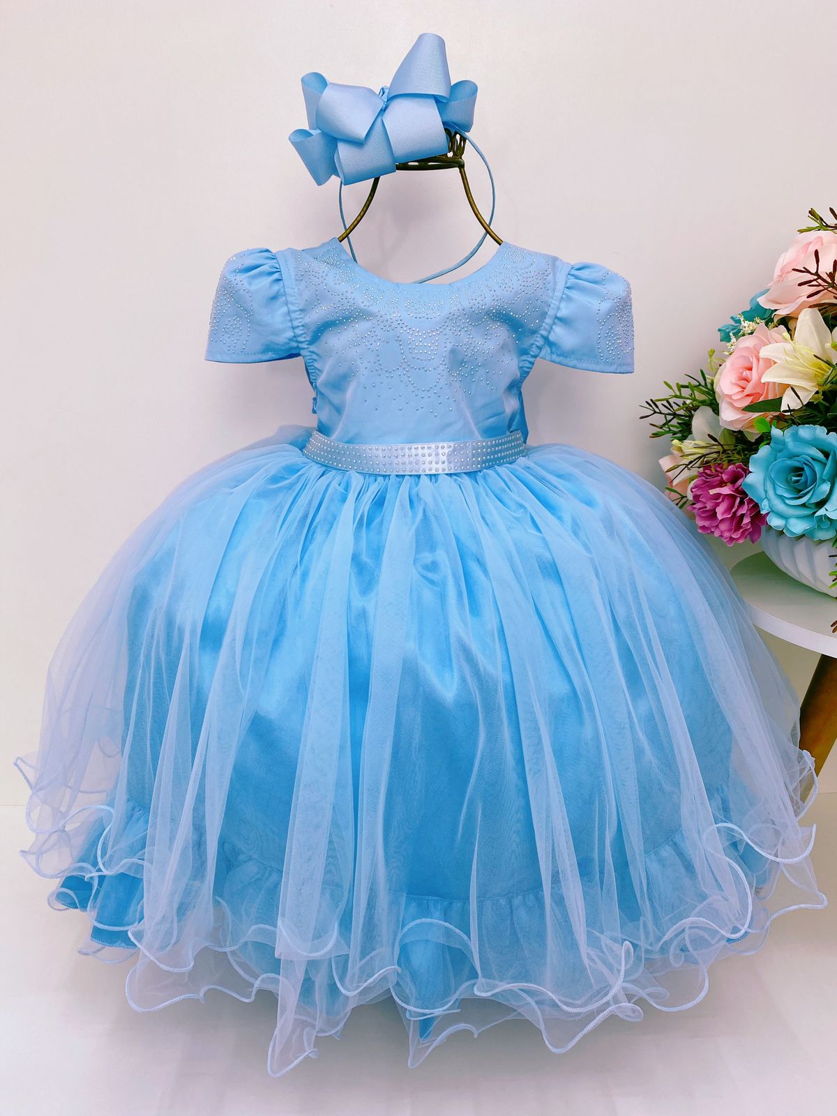 Vestido Infantil Azul Bebê Peito Strass Damas Luxo Mangas