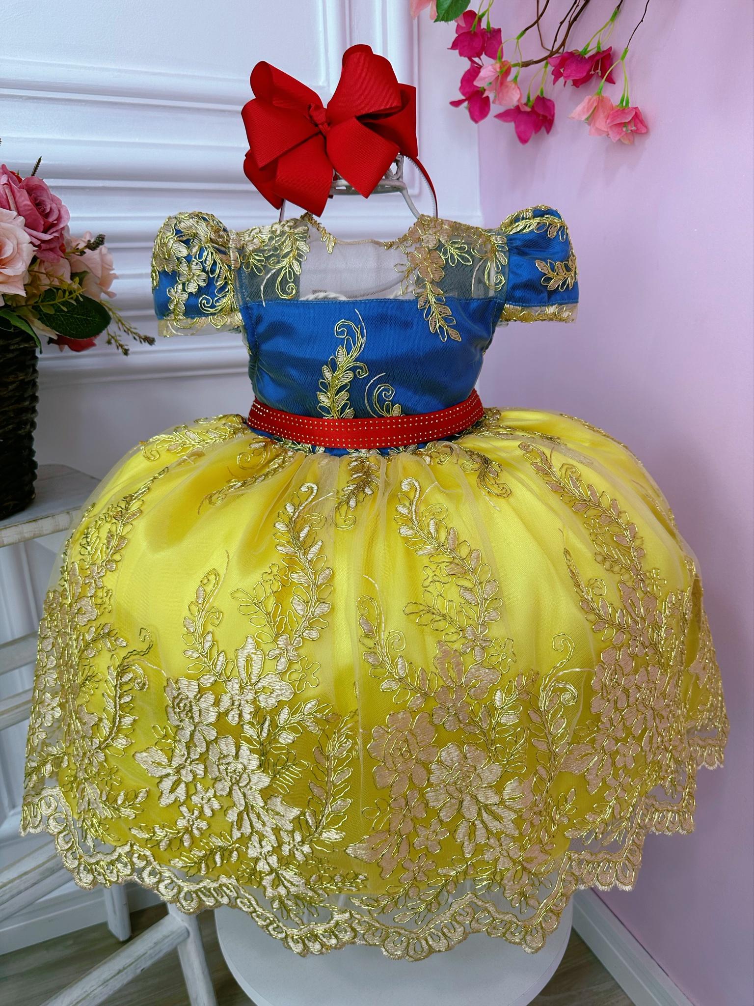 Vestido Infantil Branca de Neve Renda Dourada Strass Luxo