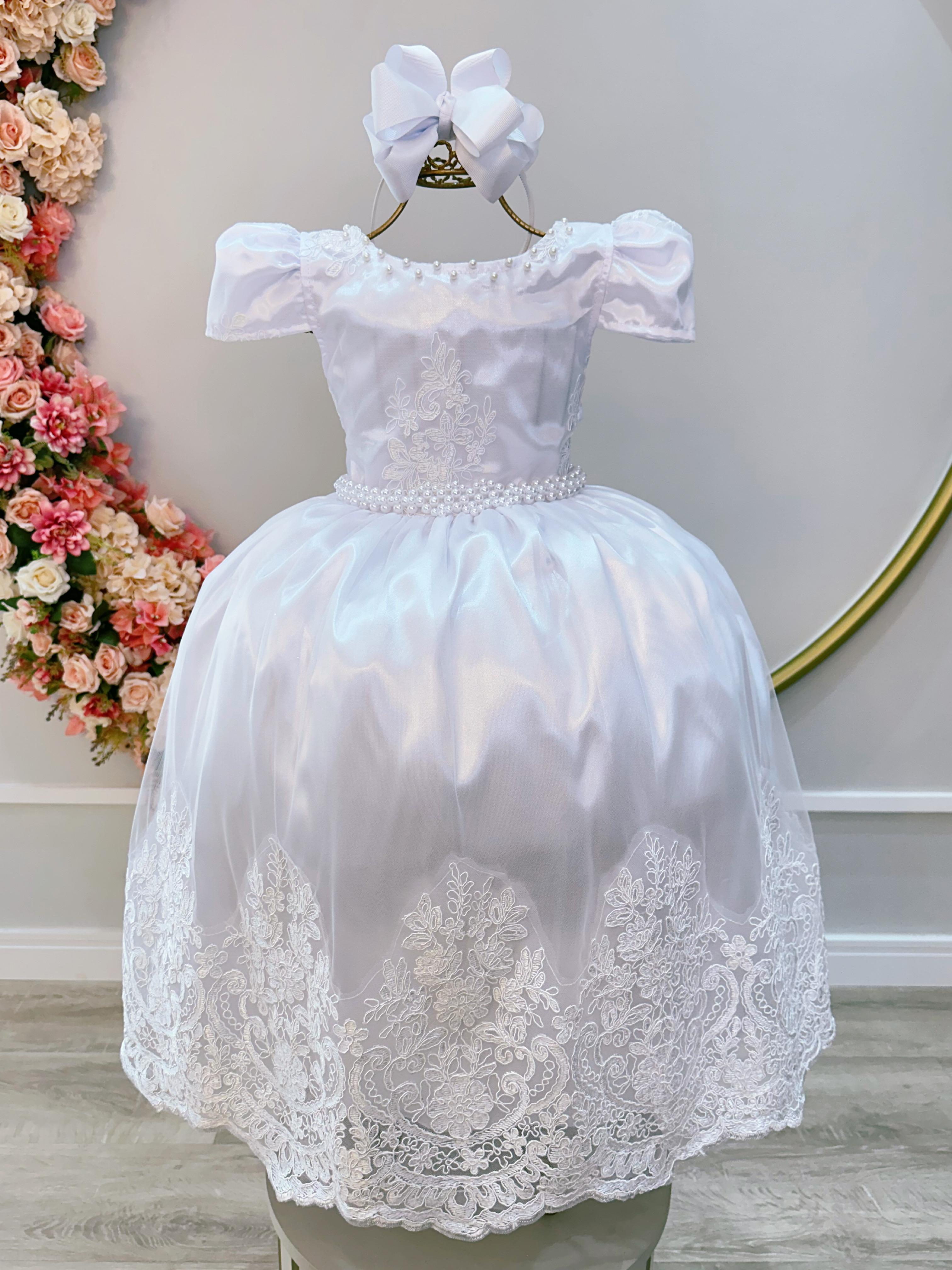 Vestido Infantil Branco C/ a Renda Realeza Daminhas