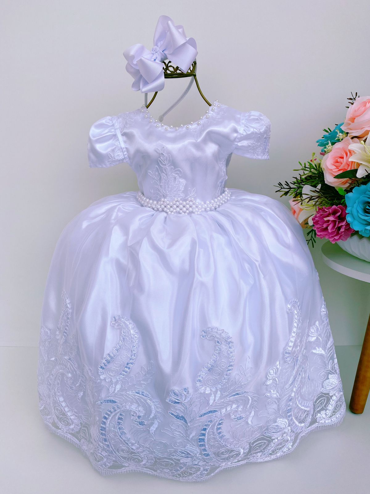 Vestido Infantil Branco Luxo Pérolas Rendado Damas Casamento