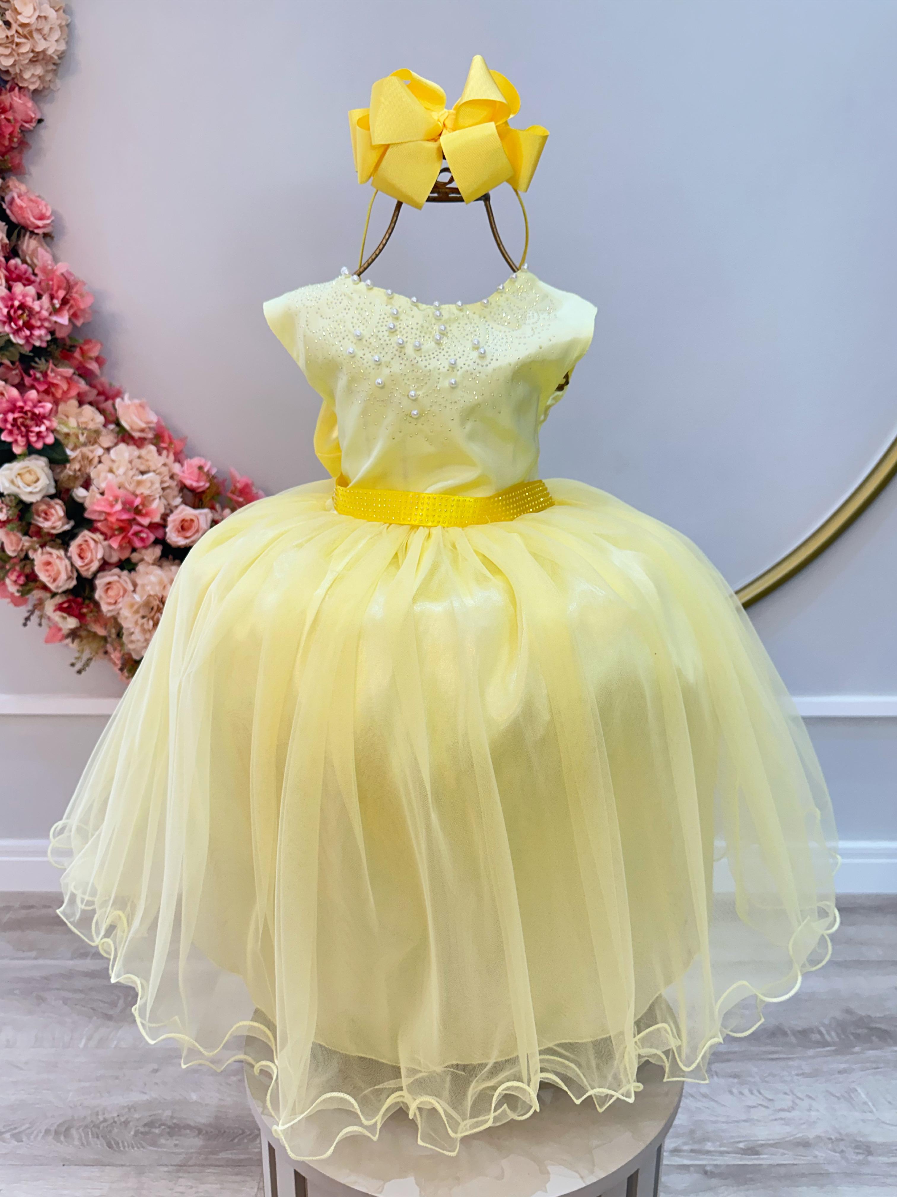 Vestido Infantil Damas de Honra Longo Amarelo Pérolas Strass