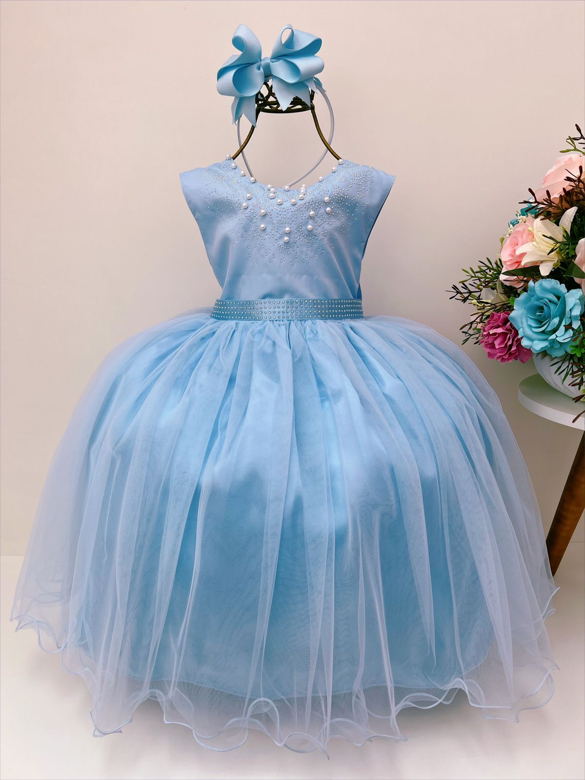 Vestido Infantil Damas de Honra Longo Azul Bebê Pérolas