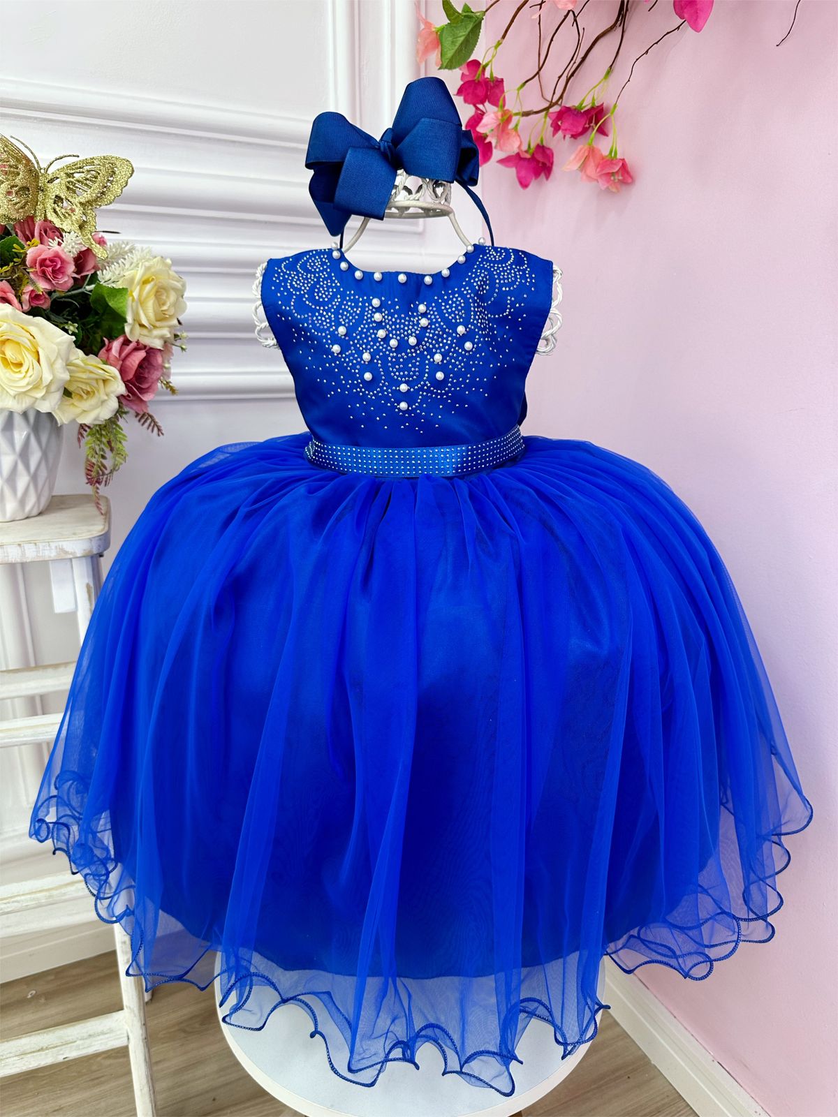 Vestido Infantil Damas de Honra Longo Azul Royal Pérolas