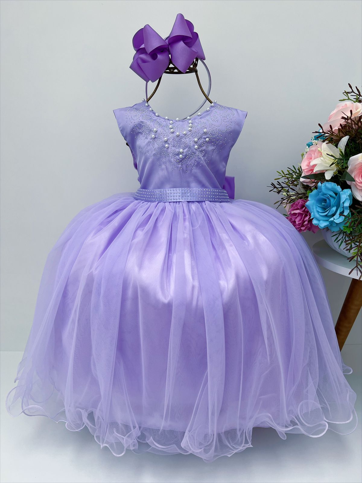 Vestido Infantil Damas de Honra Longo Lilás Pérolas