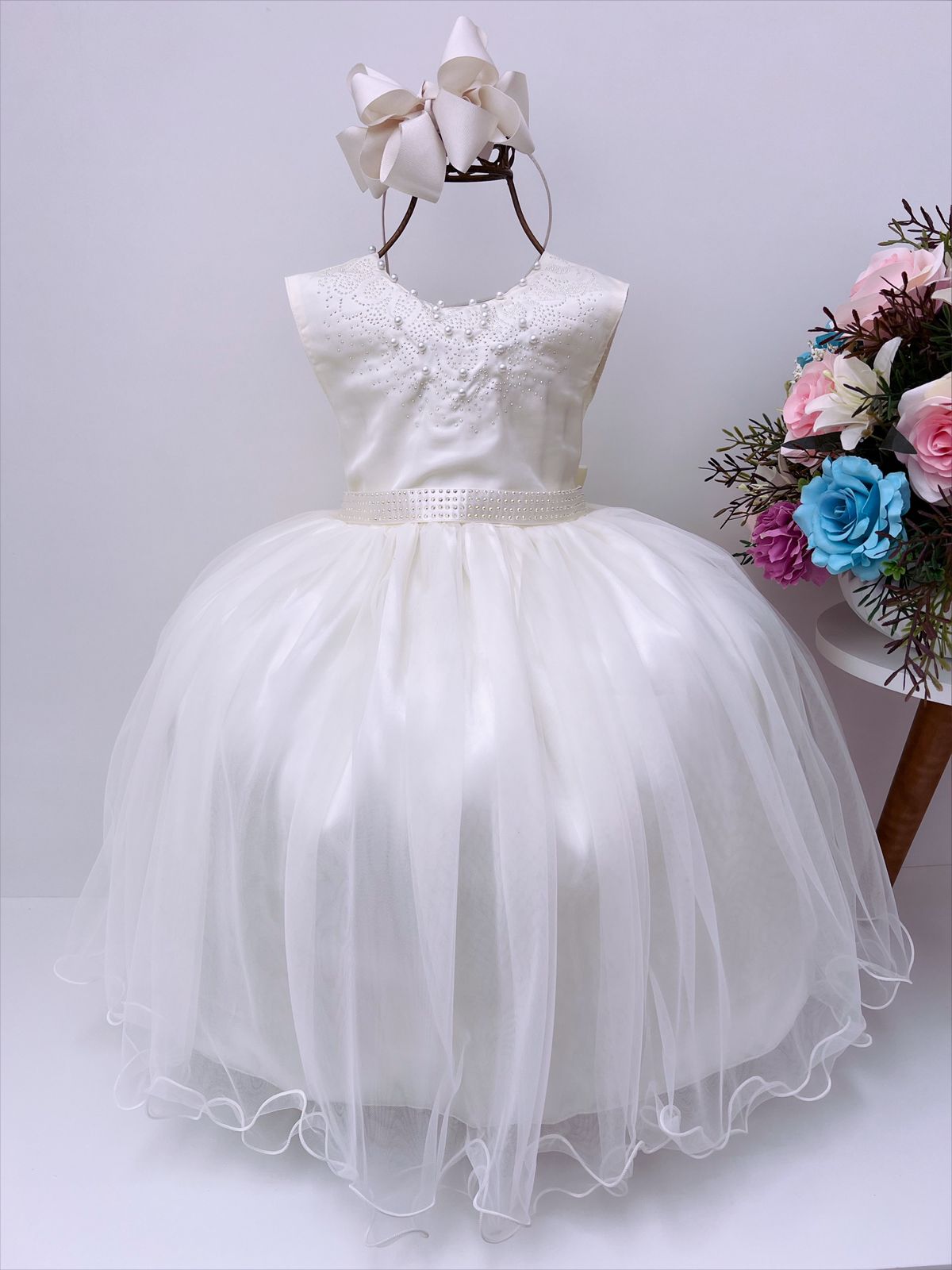 Vestido Infantil Damas de Honra Longo Marfim Pérolas