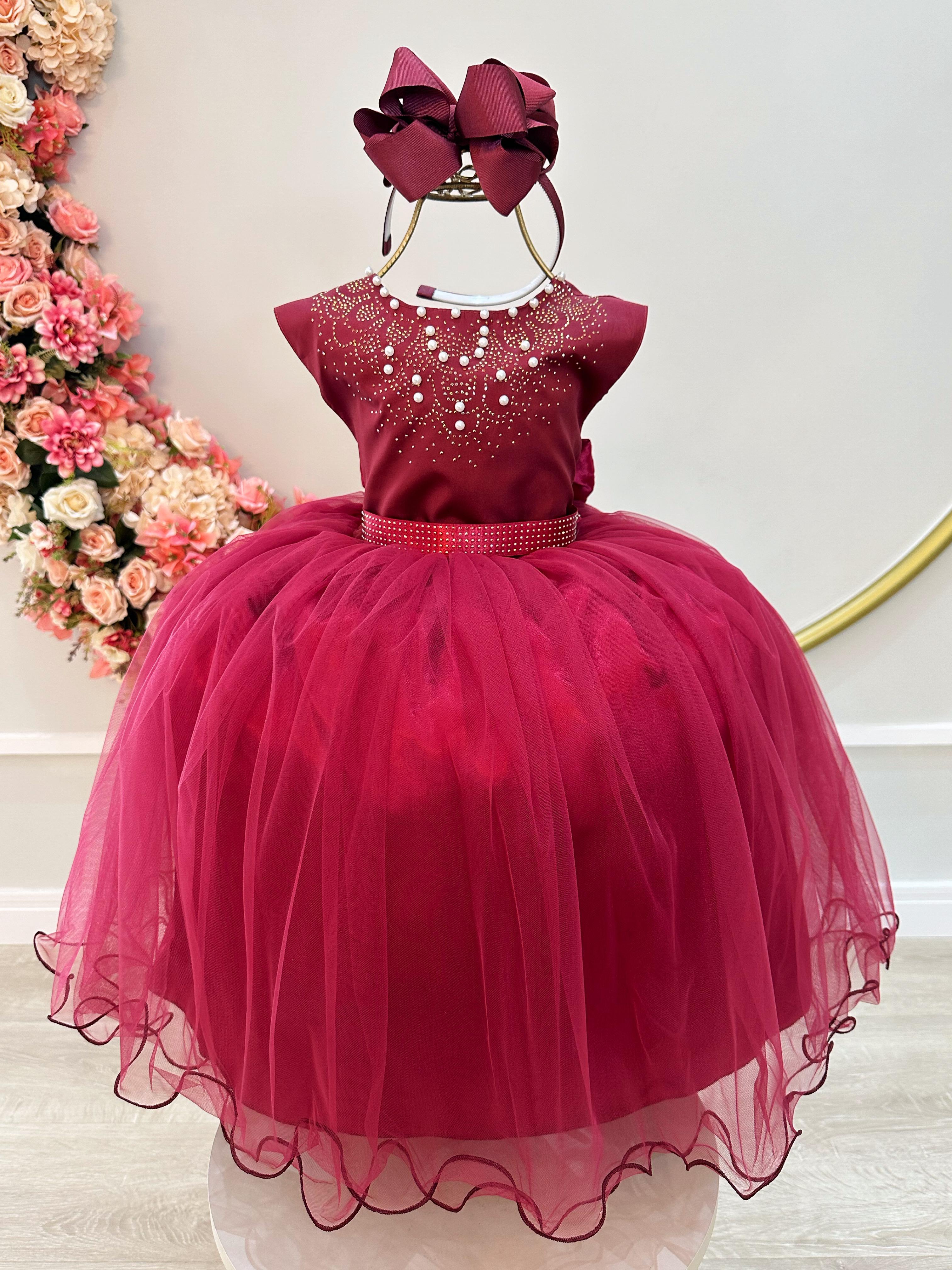 Vestido Infantil Damas de Honra Longo Marsala Pérolas