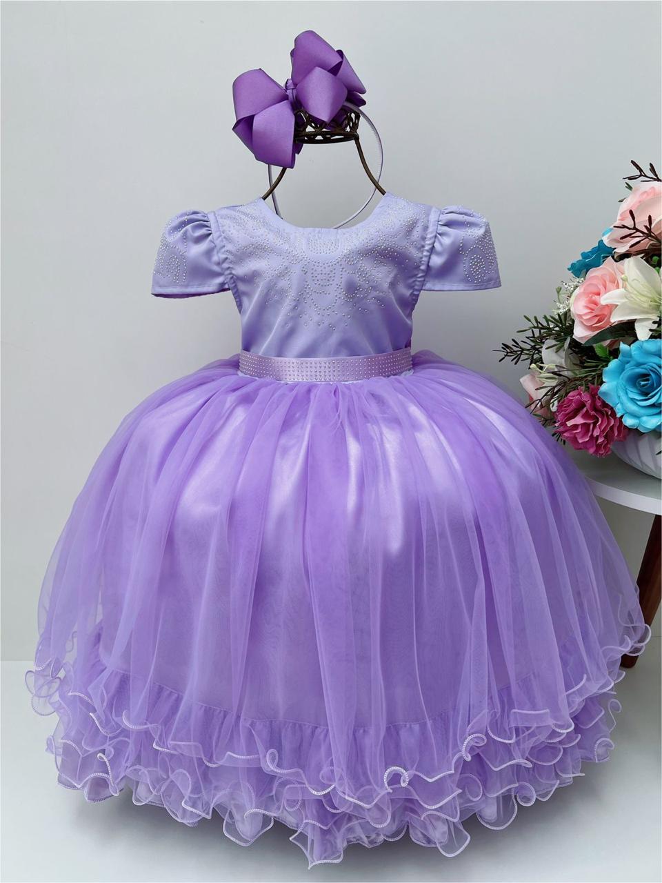 Vestido Infantil Lilás Strass Damas Luxo Mangas Princesas