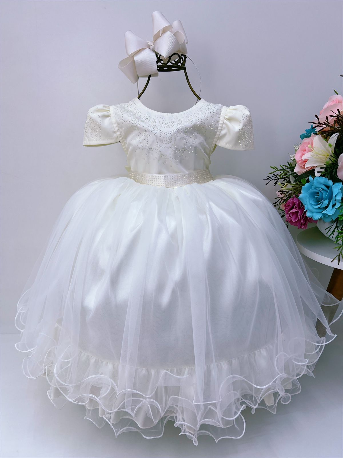 Vestido Infantil Marfim Strass Damas Luxo Mangas