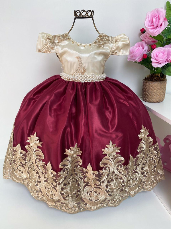 Vestido Infantil Marsala e Marfim Luxo Pérolas Rendado