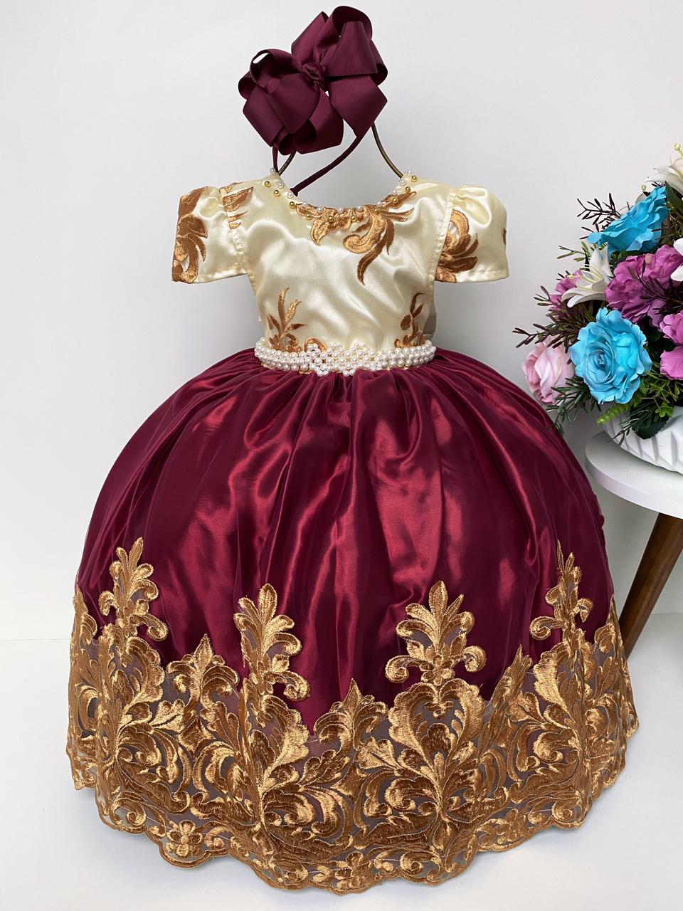 Vestido Infantil Marsala e Marfim Luxo Pérolas Rendado