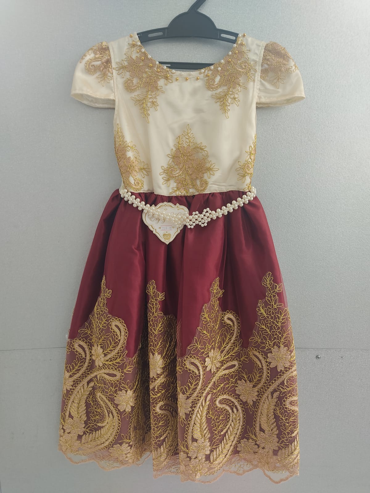 Vestido Infantil Marsala Marfim Luxo Pérolas Renda