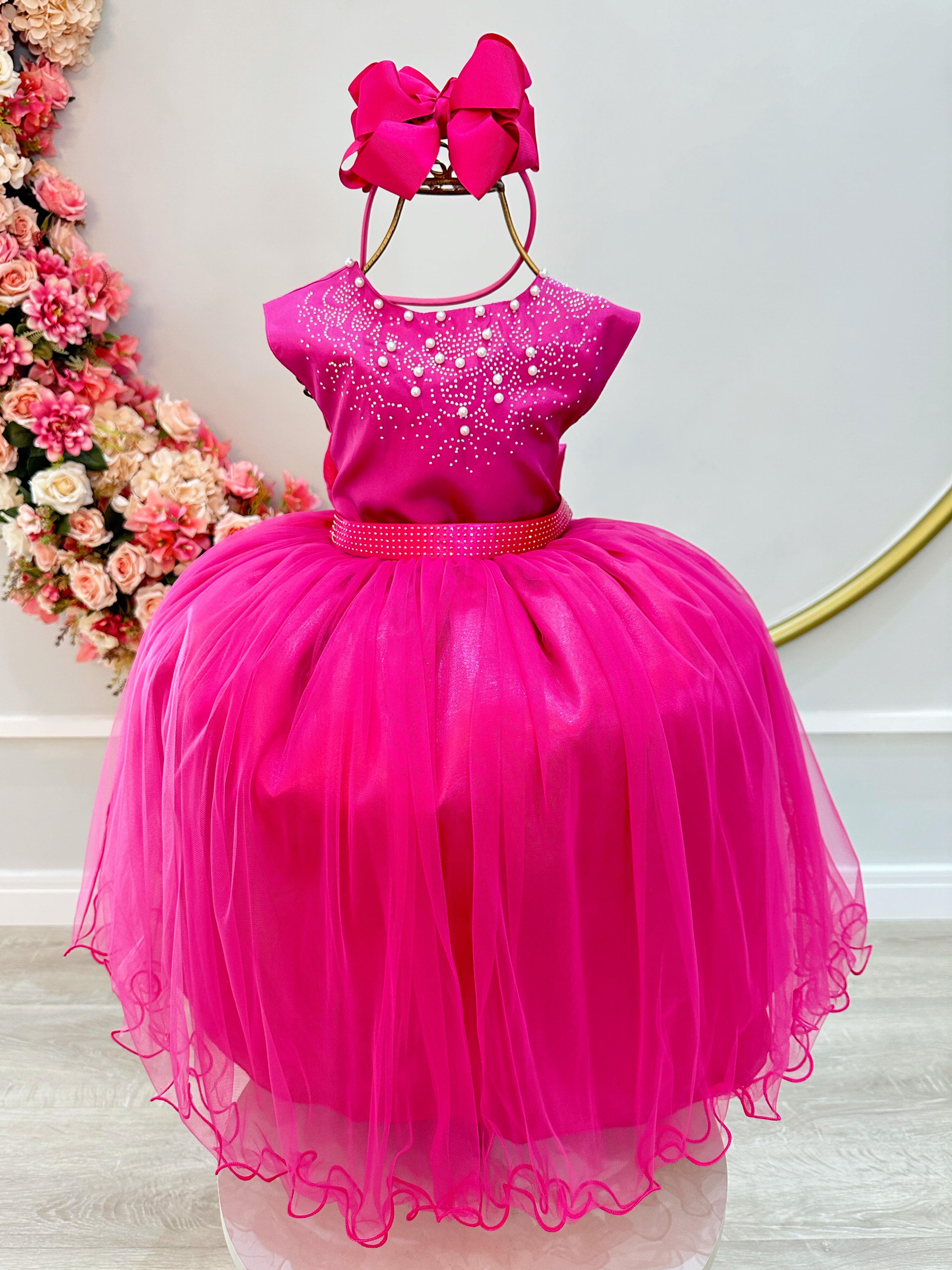 Vestido Infantil Pink Damas de Honra Longo Pérolas e Strass