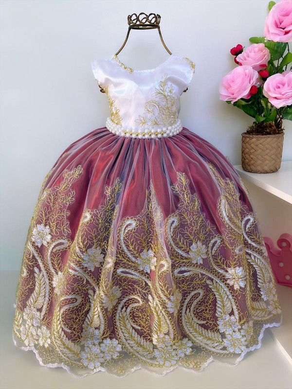 Vestido Infantil Realeza Marsala Peito Branco Renda Dourada