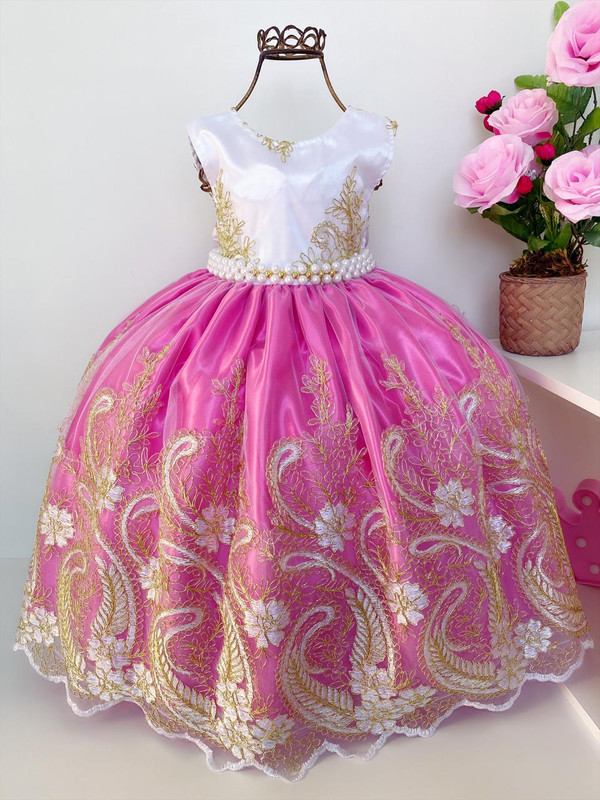 Vestido Infantil Realeza Pink Peito Branco Renda Dourada