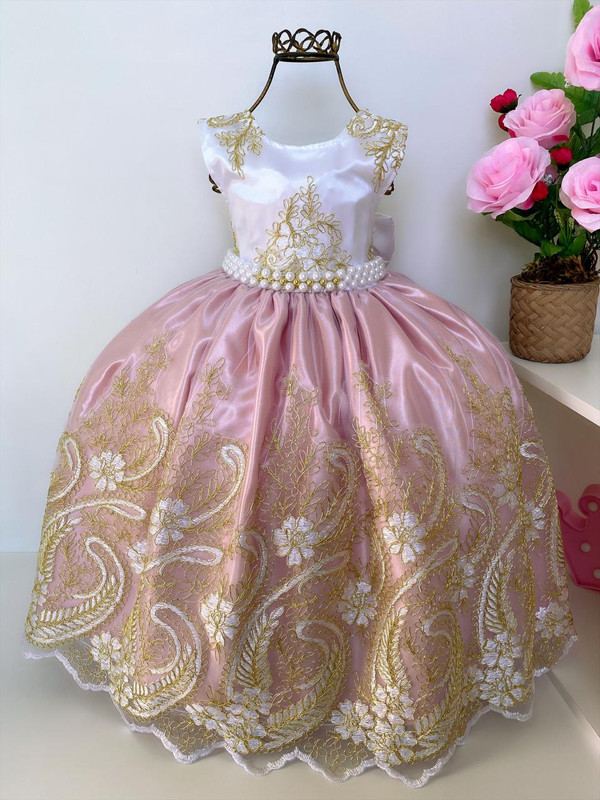 Vestido Infantil Realeza Rosê Peito Branco Renda Dourada