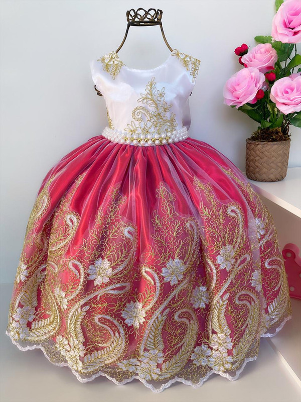 Vestido Infantil Realeza Vermelho Peito Branco Renda Dourada