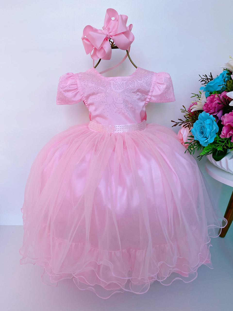 Vestido Infantil Rosa Peito C/ Strass Damas Luxo Mangas