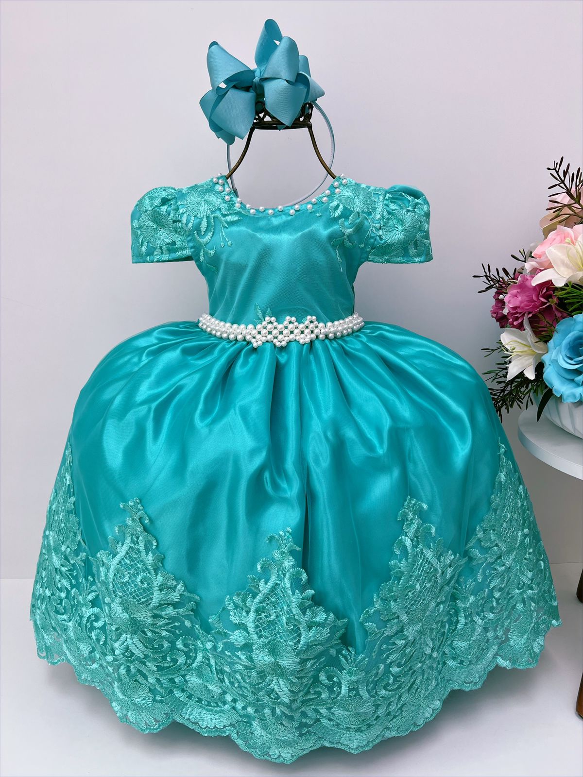 Vestido Infantil Verde Rendado Casamento Damas Luxo Pérolas