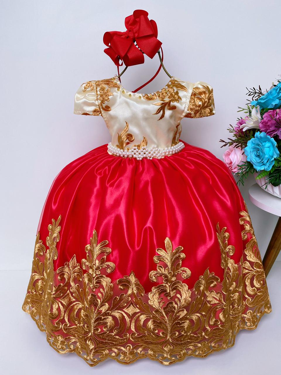 Vestido Infantil Vermelho e Marfim Luxo Pérolas Rendado