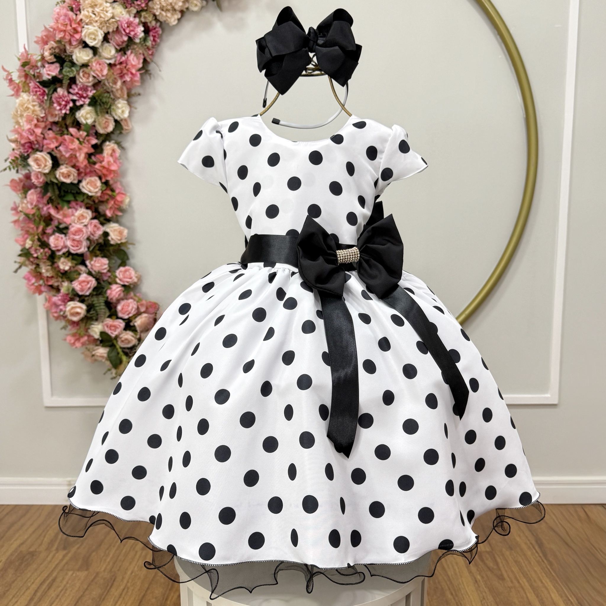 Vestido infantil Branco com poás pretos