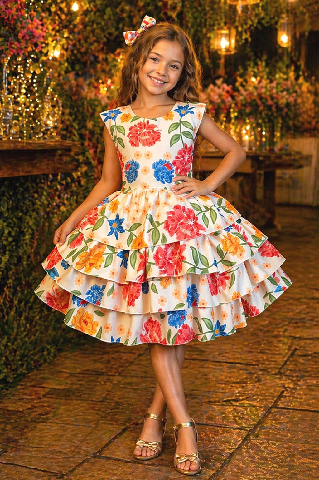 Vestido Infantil Floral Casual Bege C/ babados