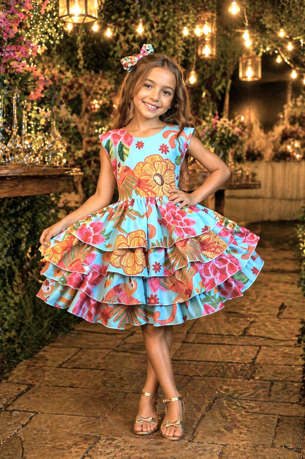 Vestido Infantil Floral  Casual Verde C/ Babados