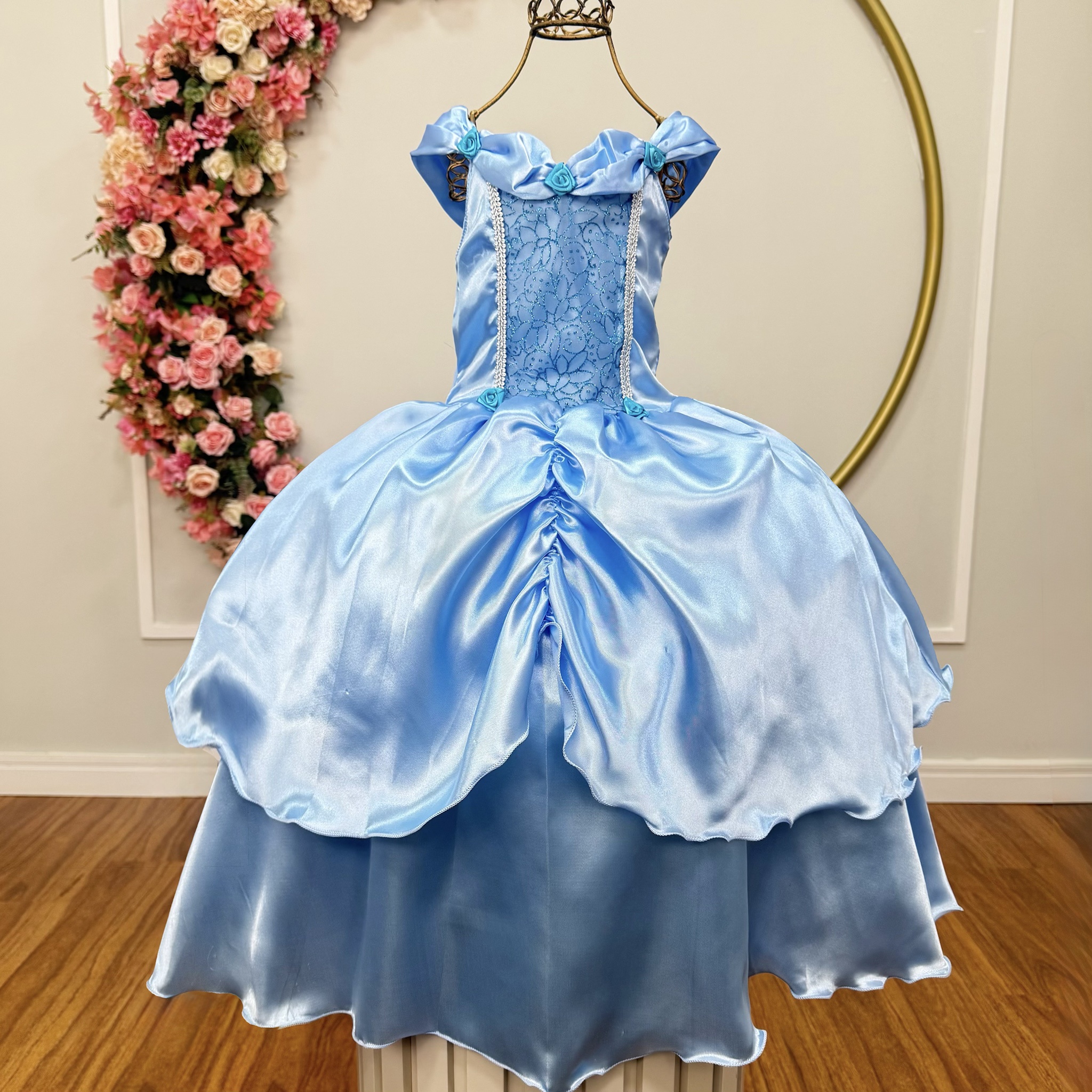 Fantasia Infantil Cinderela Azul C/ Renda e Brilho