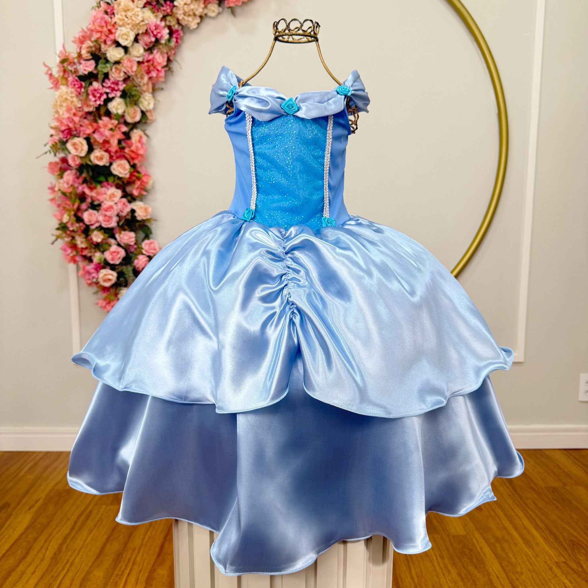 Fantasia Infantil Cinderela Azul Glitter no busto c/ saia em cetim