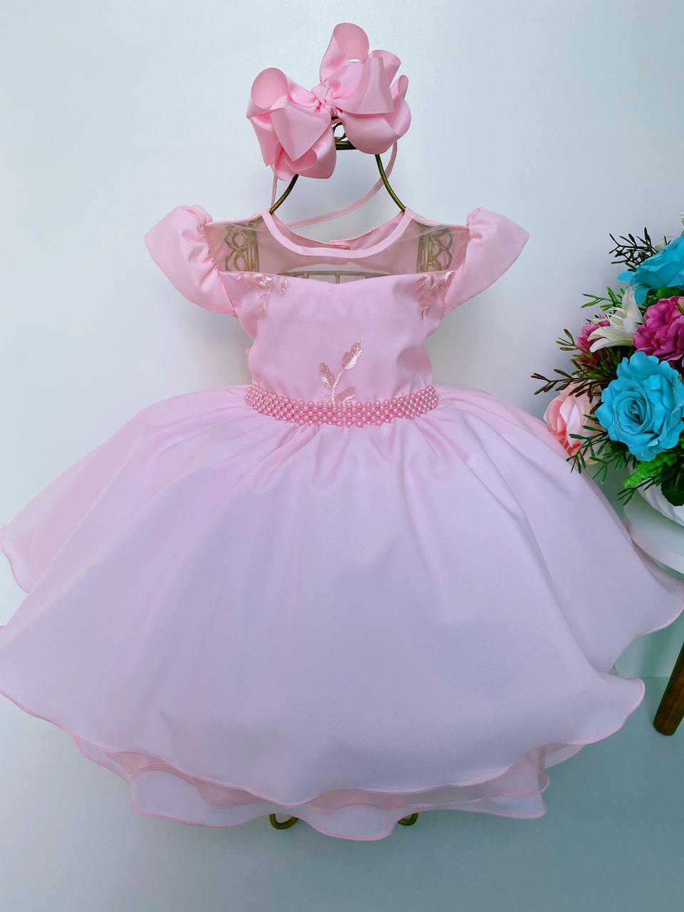 Vestido Infantil Rosa Renda Cinto de Pérolas Luxo