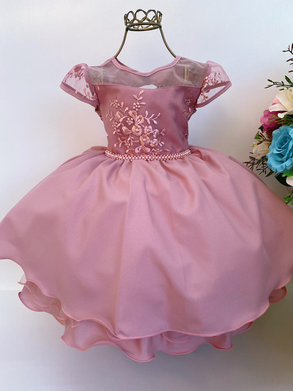 Vestido Infantil Rose Renda Luxo Cinto Pérolas