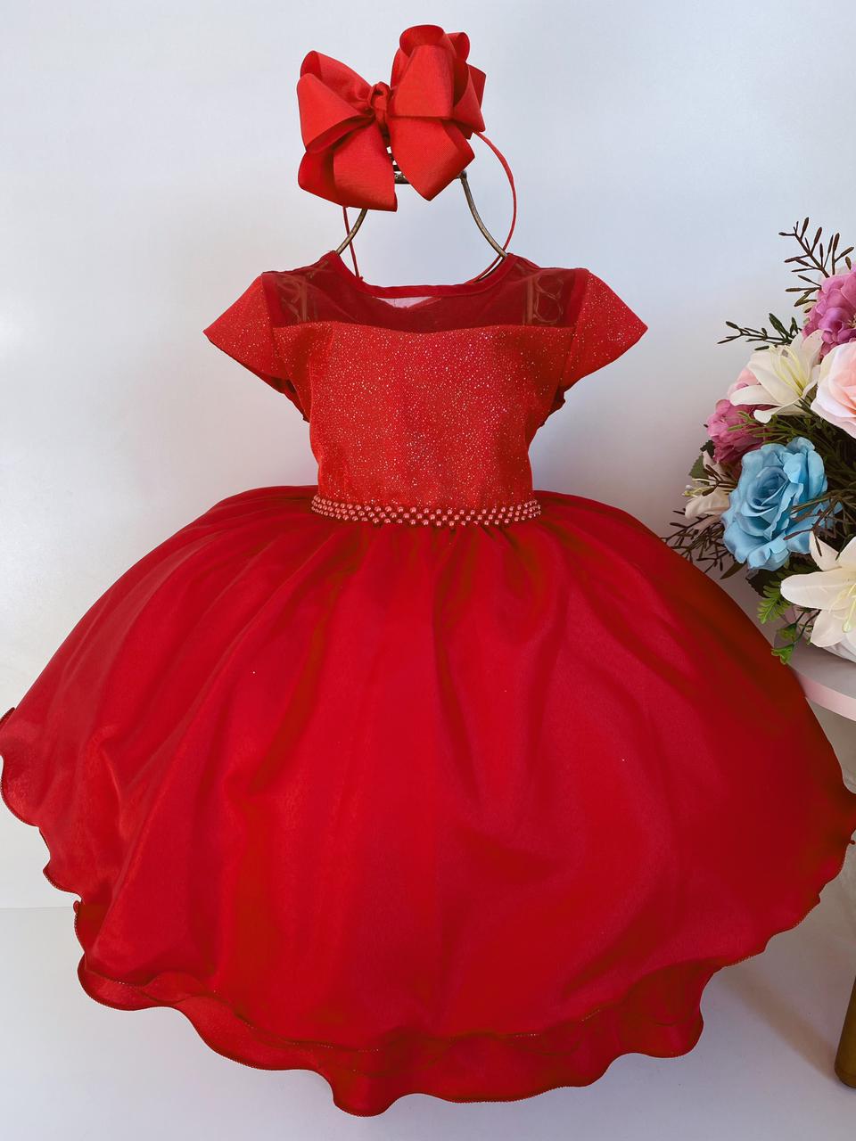 Vestido Infantil Vermelho Escuro Peito de Brilho Luxo