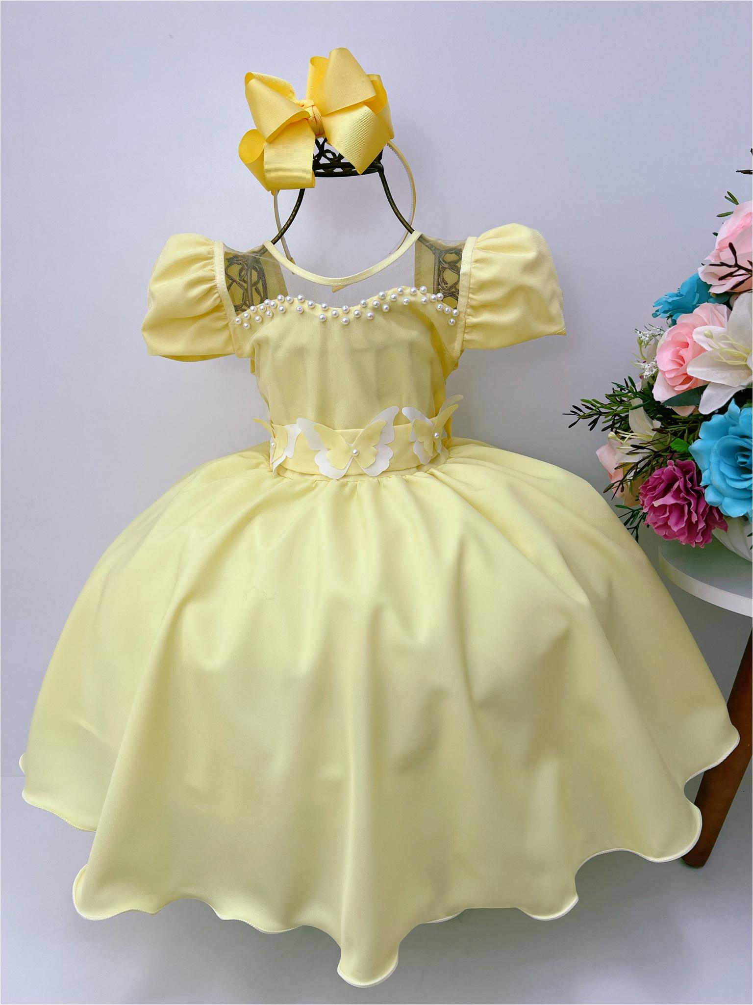 Vestido Infantil Amarelo C/ Aplique de Borboletas Pérolas