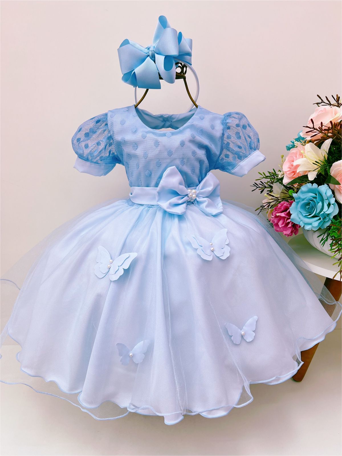 Vestido Infantil Azul C/ Borboletas Pérolas