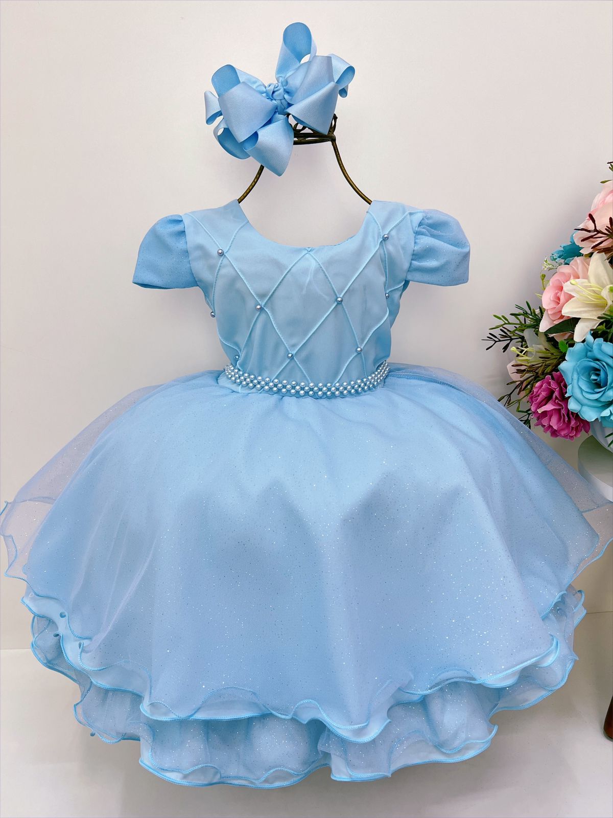 Vestido Infantil Azul Peito Nervura Cinto Pérolas Luxo