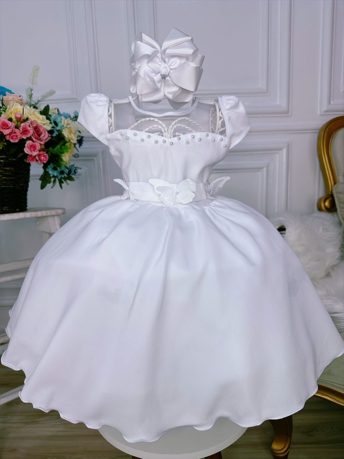 Vestido Infantil Branco C/ Aplique de Borboletas Pérolas