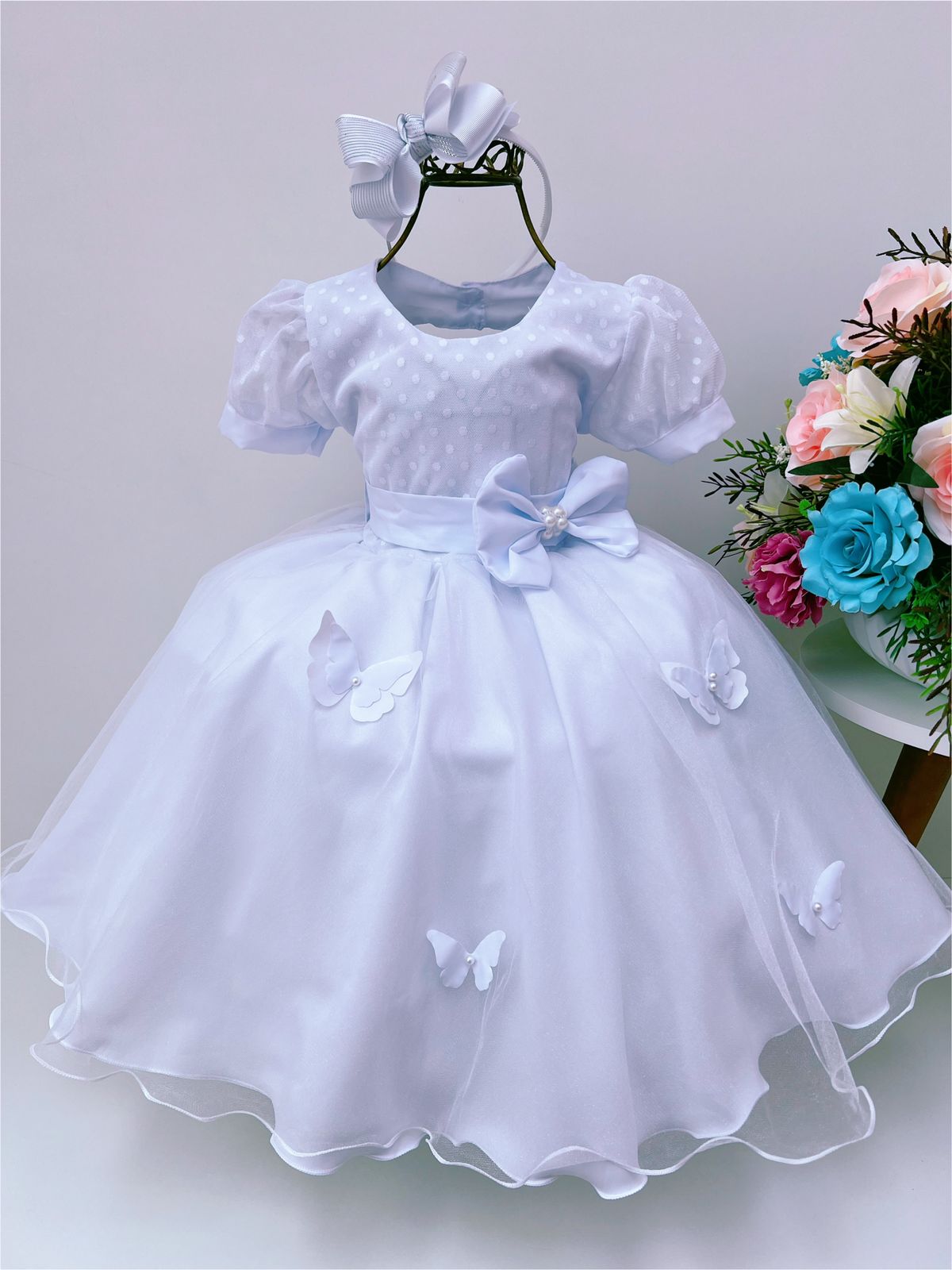 Vestido Infantil Branco C/ Borboletas Pérolas