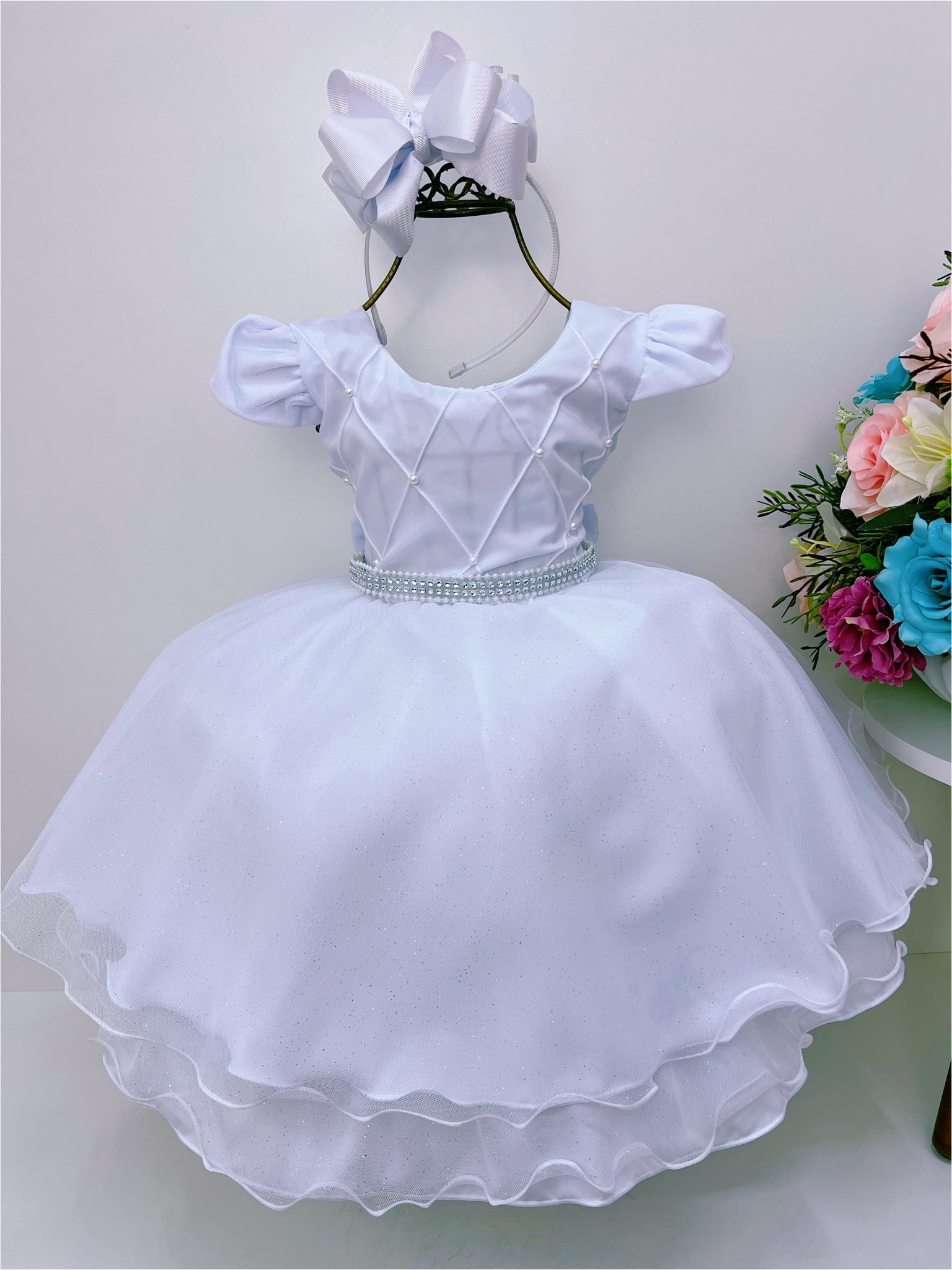 Vestido Infantil Branco Peito Nervura Cinto Strass e Pérolas