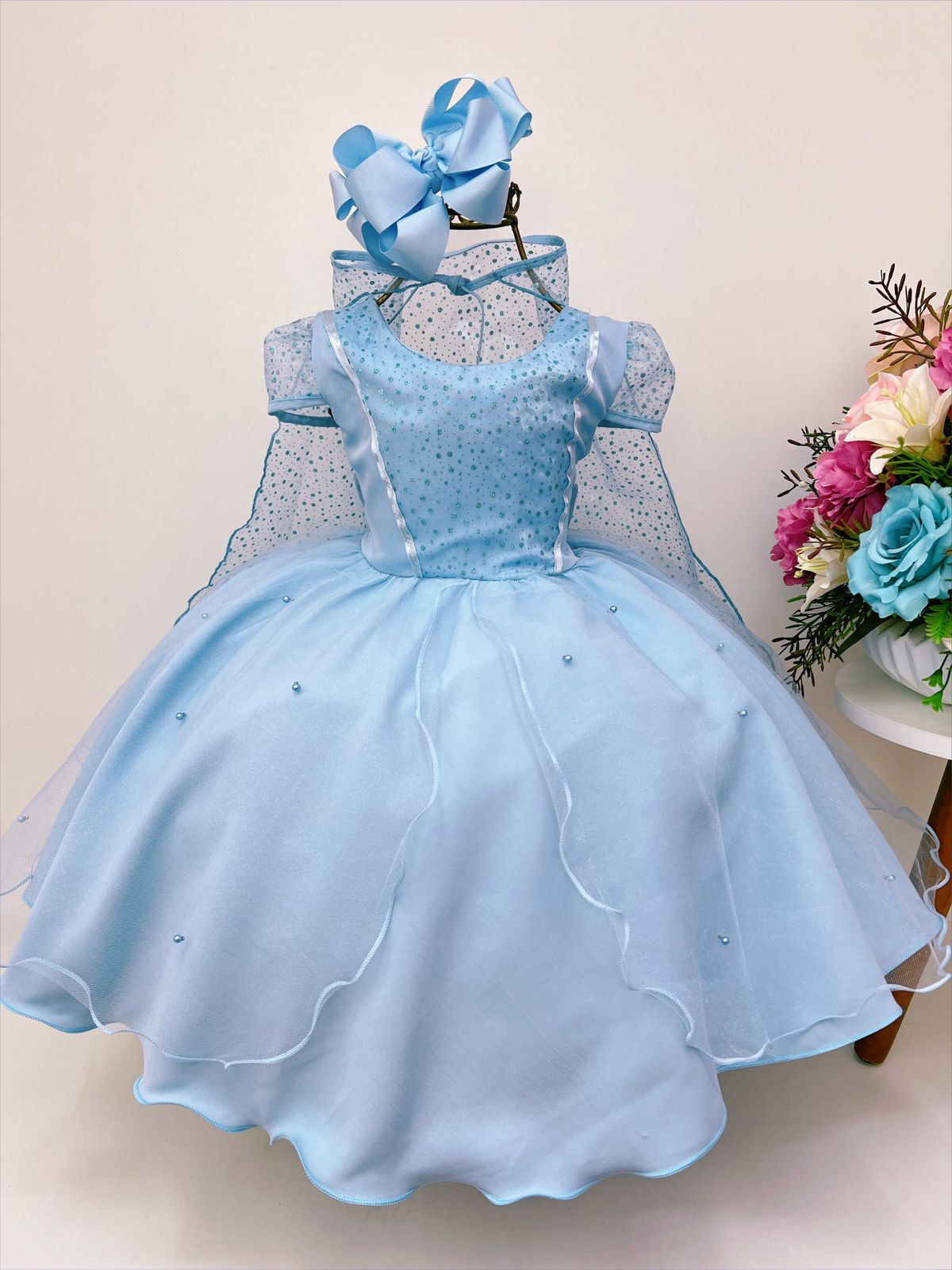 Vestido Infantil Frozen Com Capa Festas de Princesas Luxo