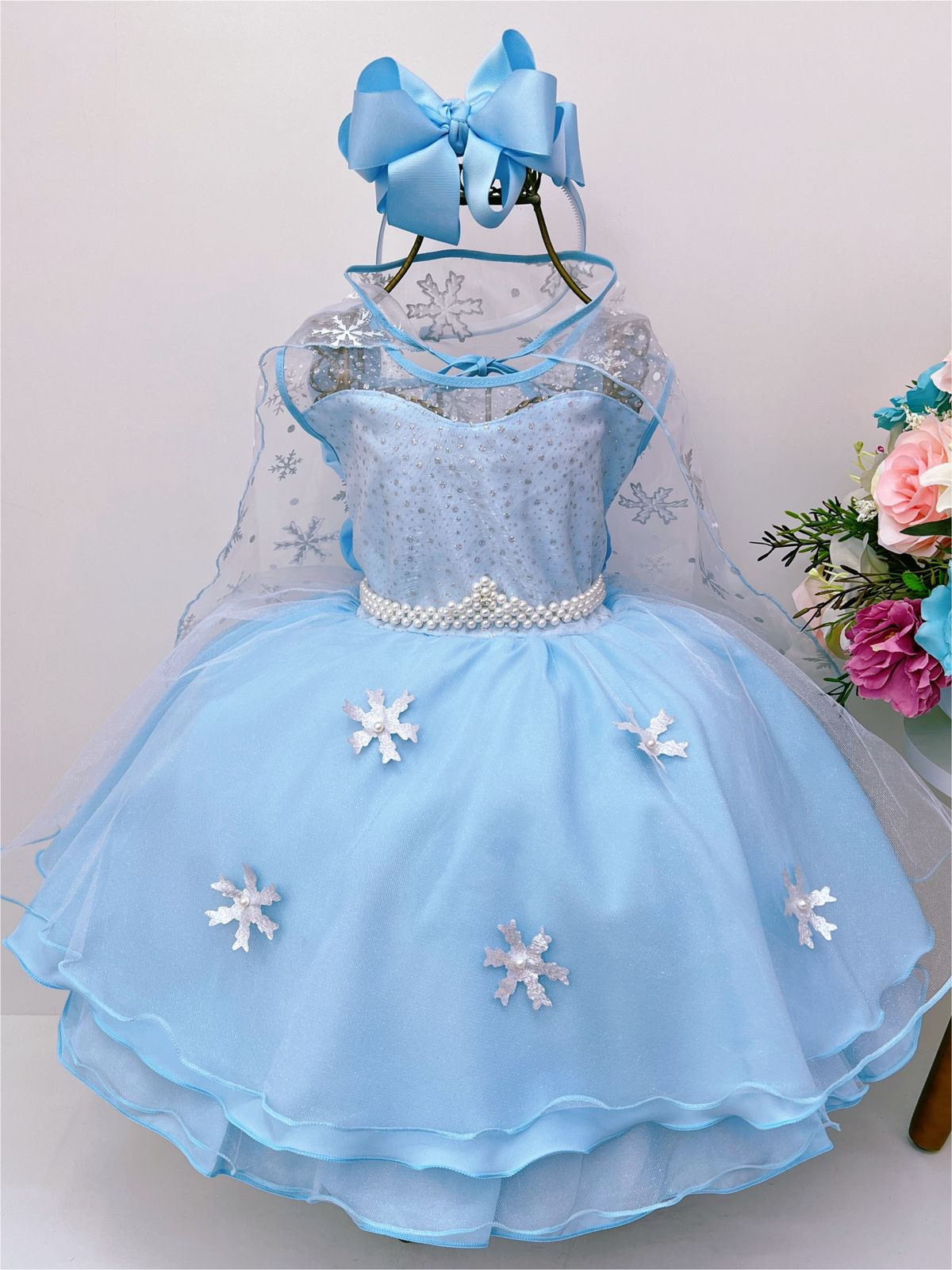 Vestido Infantil Azul Com Capa Luxo Festas de Princesas