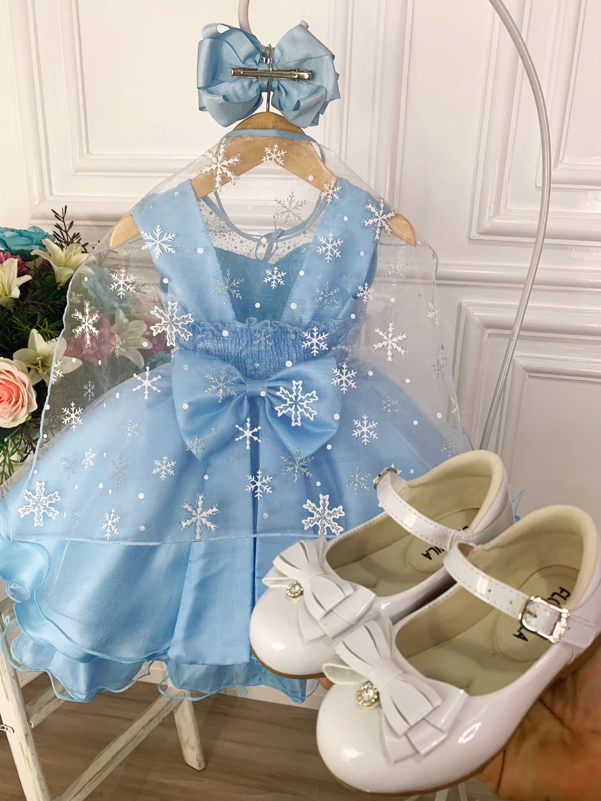 VESTIDO INFANTIL FROZEN AZUL PRINCESAS COM CAPA LUXO