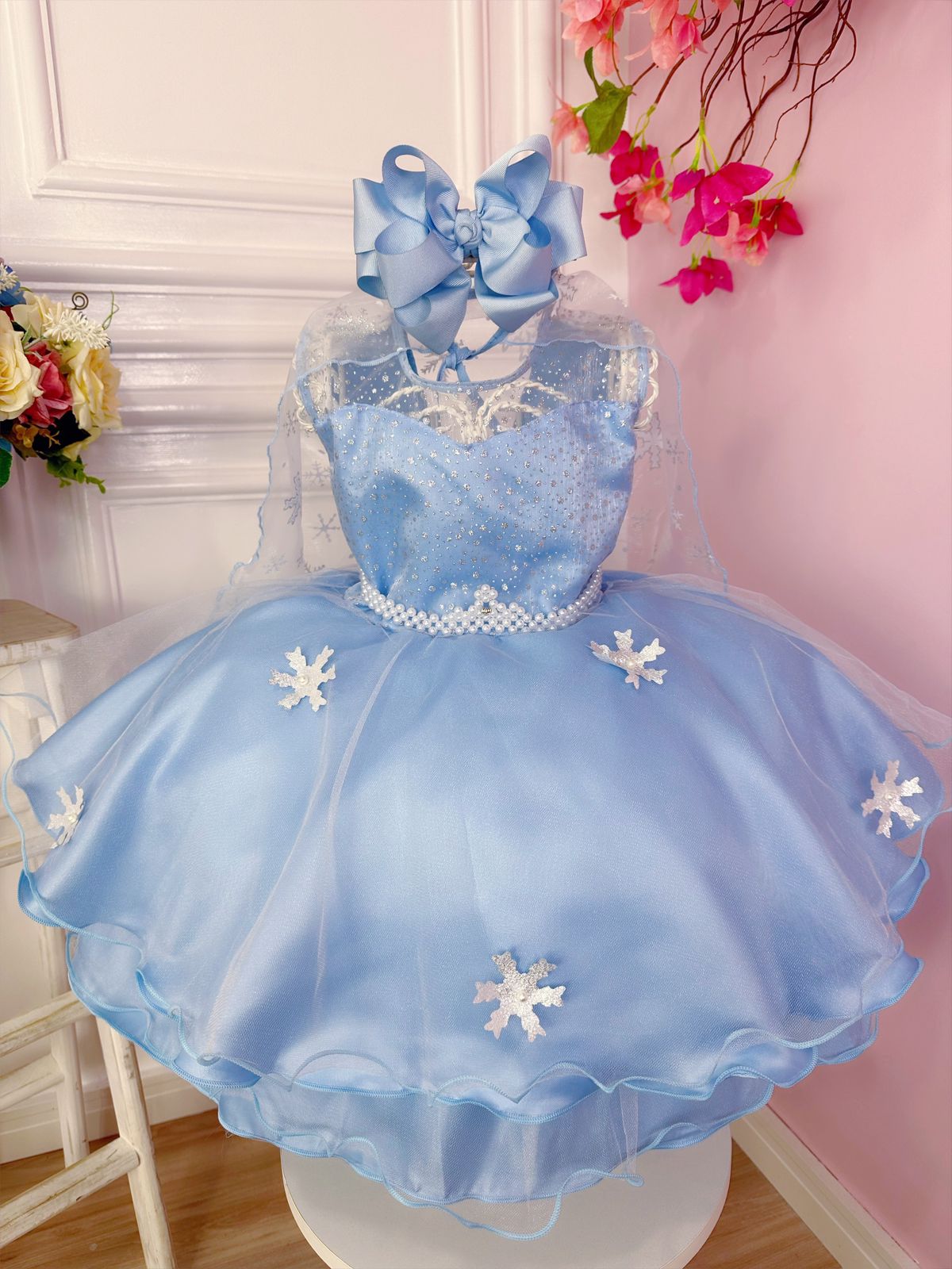 Vestido Infantil Azul Flocos de Gelo Com Capa Luxo Festas de Princesas