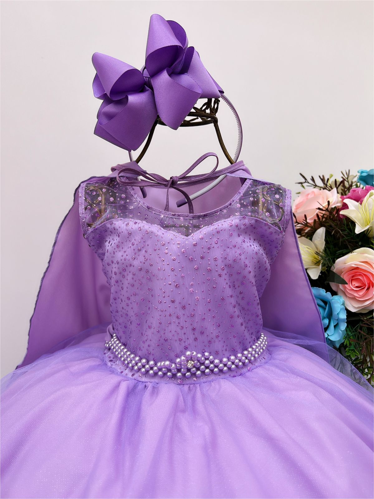 Vestido Infantil Lilás Princesa Sofia Rapunzel Com Capa Brilho Cinto de  Pérolas - Rosa Charmosa Atacado